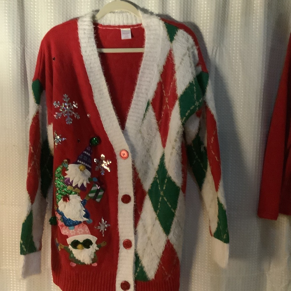 Holiday Time Women's Large‎ 12-14 Red Holiday Sweater Gnomes Bells